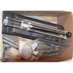 BOX OF TILING TOOLS WITH TILE CUTTER