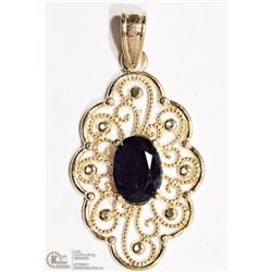 14) 14K YELLOW GOLD SAPPHIRE FILIGREE PENDANT