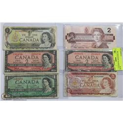 6 CANADIAN $1 AND $2 DOLLAR BILLS