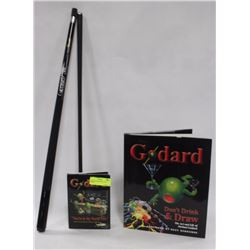 GODARD BOOKS & POOL CUE SIGNED.
