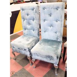PAIR OF VELVET HIGH BACK CHAIRS.