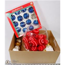 3) BOX WITH SATIN CHRISTMAS TREE BALLS, AND LARGE