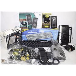 BOX OF PHONES, COMPUTER KEYBOARD, CELLPHONE