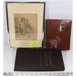 FRAMED VINTAGE PRIMER WITH 2 ANTIQUE BILL HOLDERS.