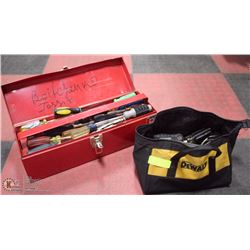 RED TOOL BOX & DEWALT TOOL BAG FULL OF HAND TOOLS