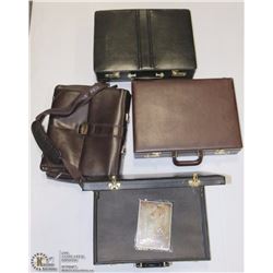 BOX WTIH 3 BRIEFCASES & 7 LEATHER BAGS