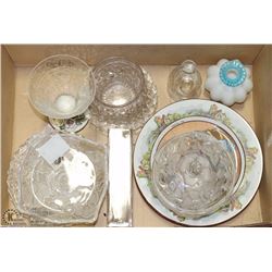 BOX OF COLLECTOR PLATES, GLASS DISHES AND MORE.