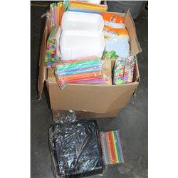 BOX OF STRAWS AND RESTAURANT CONTAINERS