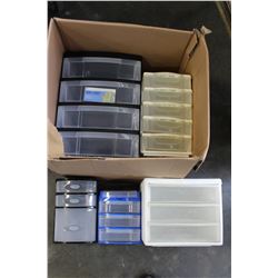 BOX OF PLASTIC ORGANIZERS