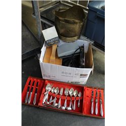 POLAROID CAMERA CUTLERY CANTEEN WITH ANTIQUE CUTLERY AND SHOE POLISHING STAND AND BRASS PAIL