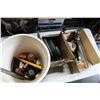 Image 1 : PAIL OF HYDRAULIC BOTTLE JACKS AND VINTAGE CAN OPENER AND CASTORS AND WHEELS