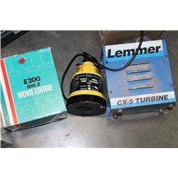 SUMP PUMP AND TELEPRINT CONVERTER AND SHOP FAN AND MOVIE EDITOR