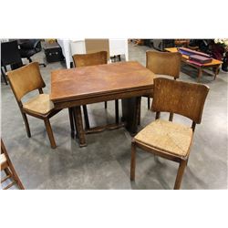 VINTAGE ART DECO DRAW LEAF TABLE AND 4 RUSH SEAT CHAIRS