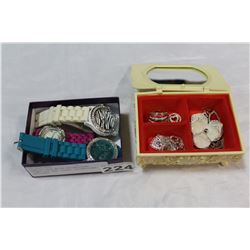 VANITY BOX WITH RHINESTONE JEWELLRY AND THREE RHINESTONE WATCHES