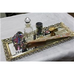 MOTHER OF PEARL FAN AND TWO PERFUME BOTTLES ON VANITY TRAY