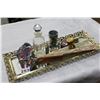 Image 1 : MOTHER OF PEARL FAN AND TWO PERFUME BOTTLES ON VANITY TRAY