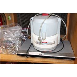 DVD PLAYER JUICER AND 2 BAGS OF JEWELERY