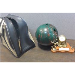 BRUINSWICK BOWLING BALL IN CASE AND 1963 TROPHY