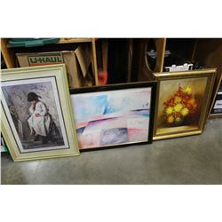 OIL PAINTING AND TWO FRAMED PRINTS