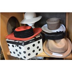 SHELF OF VINTAGE HATS AND HAT BOXES