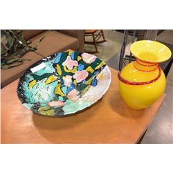 ART GLASS CENTRE BOWL AND ART GLASS YELLOW VASE