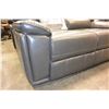 Image 10 : BRAND NEW GREY LEATHER WITH WHITE STITCHING MODERN 3 PIECE SOFA SET, WITH DROP DOWN SOFA TABLE, RECL