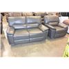 Image 1 : BRAND NEW GREY LEATHER WITH WHITE STITCHING MODERN 3 PIECE SOFA SET, WITH DROP DOWN SOFA TABLE, RECL