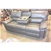 Image 2 : BRAND NEW GREY LEATHER WITH WHITE STITCHING MODERN 3 PIECE SOFA SET, WITH DROP DOWN SOFA TABLE, RECL