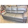 Image 3 : BRAND NEW GREY LEATHER WITH WHITE STITCHING MODERN 3 PIECE SOFA SET, WITH DROP DOWN SOFA TABLE, RECL