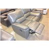 Image 4 : BRAND NEW GREY LEATHER WITH WHITE STITCHING MODERN 3 PIECE SOFA SET, WITH DROP DOWN SOFA TABLE, RECL