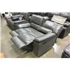 Image 7 : BRAND NEW GREY LEATHER WITH WHITE STITCHING MODERN 3 PIECE SOFA SET, WITH DROP DOWN SOFA TABLE, RECL