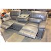 Image 9 : BRAND NEW GREY LEATHER WITH WHITE STITCHING MODERN 3 PIECE SOFA SET, WITH DROP DOWN SOFA TABLE, RECL