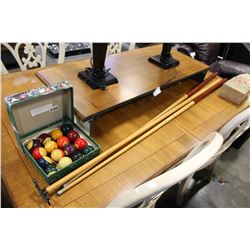 SET OF BELGIUM POOL BALLS AND TWO CUES AND BRIDGE