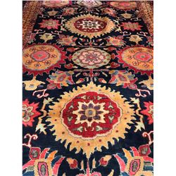 NEW 100% WOOL, HAND KNOTTED NAHVAN , RED, BLACK, ORANGE AREA CARPET, SIZE 139 INCH X 55 INCH.