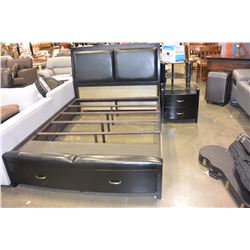 NEW FLOOR MODEL QUEENSIZE MODERN BEDFRAME WITH TWO STORAGE DRAWERS AND LEATHER INSET HEADBOARD, RETA