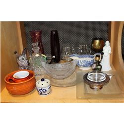 SHELF LOT OF COLLECTIBLE CRYSTAL FIGURES AND POTTERY ETC