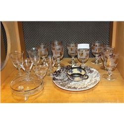 8 FROSTED GLASS GOBLETS TWO ETCHED GOBLETS AND ASSORTED GLASS ETCHED PIECES