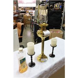 BRASS COAL OIL LAMP AND 2 BATTERY CANDLES AND STANDS