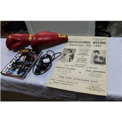 BOXING POSTER 1967 AND BOOK AND GLOVES AND TRAINING ROPE