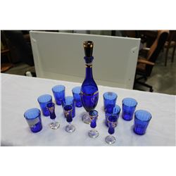 HAND PAINTED COBALT DECANTER AND COBALT DRINKING GLASSES