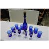 Image 1 : HAND PAINTED COBALT DECANTER AND COBALT DRINKING GLASSES