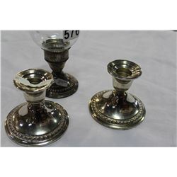 PAIR OF STERLING CANDLESTICKS AND ETCHED STERLING CANDLESTICK