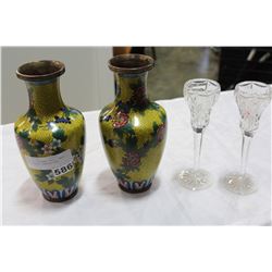 PAIR OF CLOISONNE STYLE VASES AND CRYSTAL CANDLESTICKS