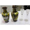 Image 1 : PAIR OF CLOISONNE STYLE VASES AND CRYSTAL CANDLESTICKS