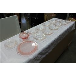 PINK DEPRESSION BOWLS PLATTER AND COVERED DISH