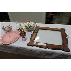 VINTAGE TRAY WITH COLLECTIBLE CHINA HEN ON NEST AND MUSICAL TEAPOT ETC