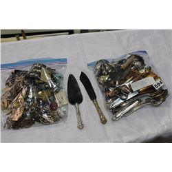 BAG OF SILVER PLATE CUTLERY AND BAG OF COLLECTIBLES