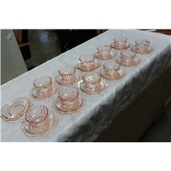 LOT OF PINK DEPRESSION CUPS AND SAUCERS