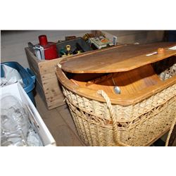 WOOD CRATE OF COLLECTIBLES AND VINTAGE BASKET WITH SPOON RACKS AND SPOONS