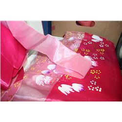 BOX OF BRIGHT COLORED FABRICS AND FLOWER DRESS